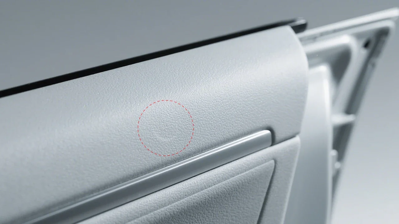 Grey PP automotive door panel with a circular ejector pin mark defect highlighted on the A-surface