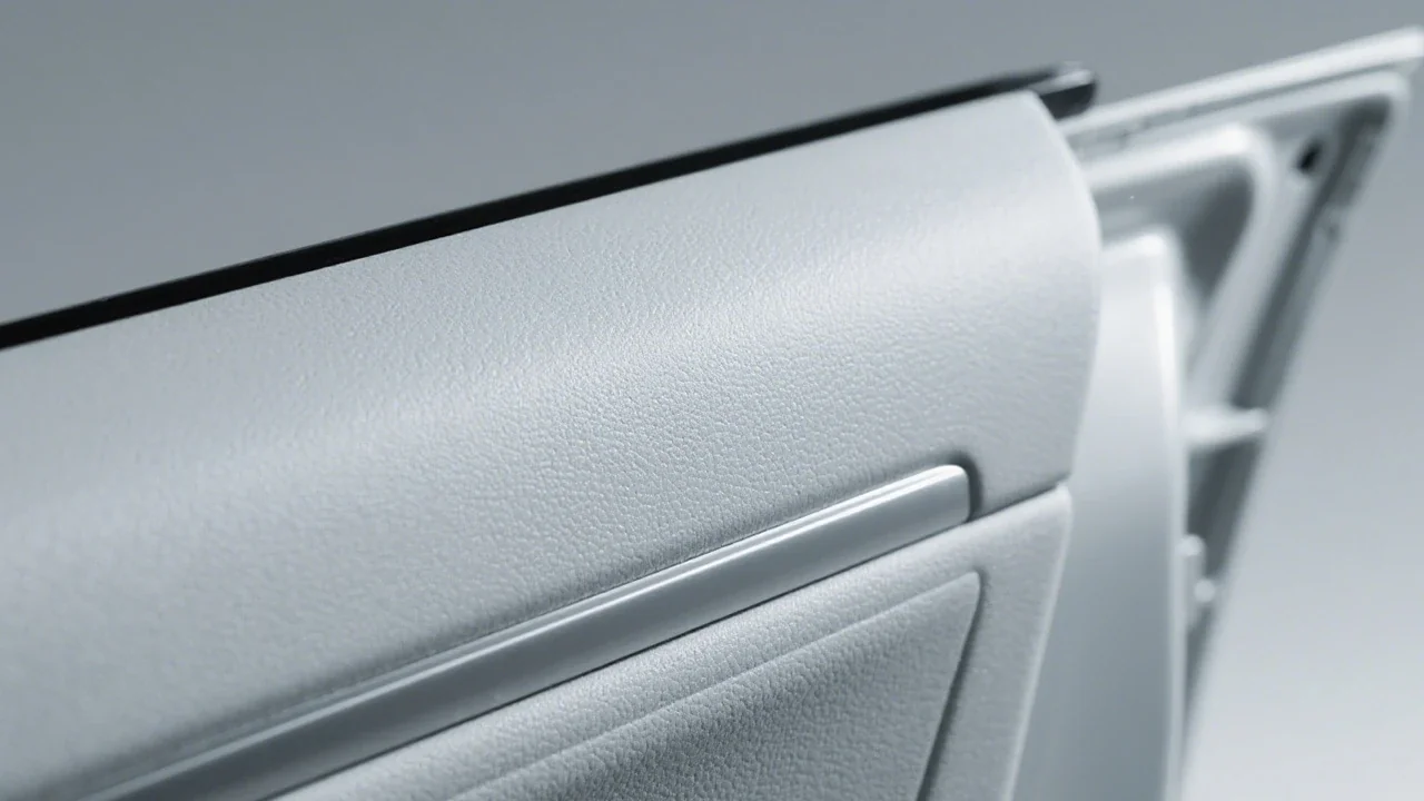 Grey PP automotive door panel after the fix — A-surface clean, no ejector pin marks