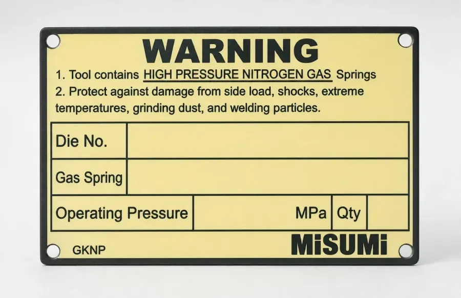 nitrogen gas springs for a progressive stamping die, ISO 11901 gas spring cylinders on a die plate